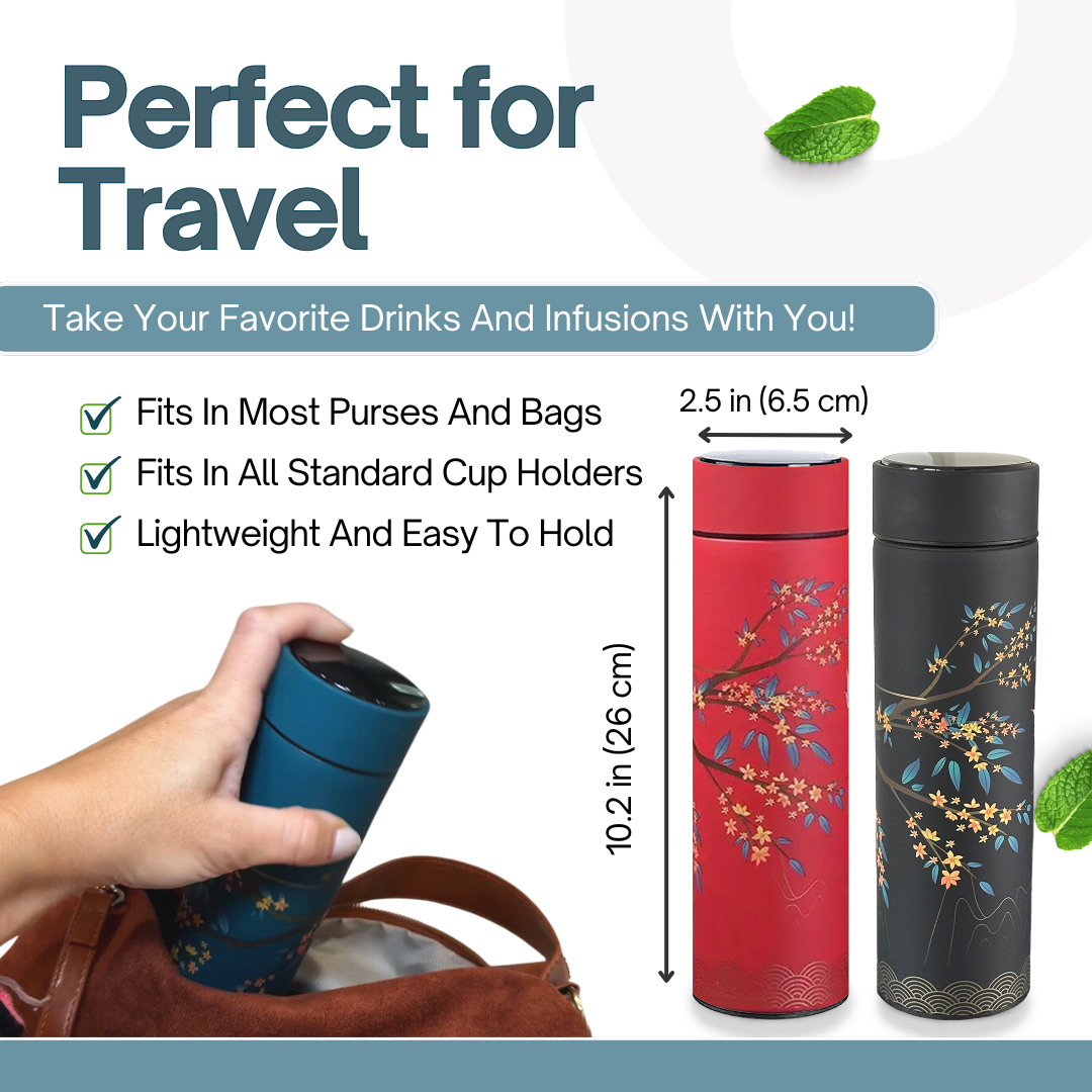 Farasi Tea Infuser for Loose Leaf Tea Smart Water Bottle with Fahrenheit Temperature Display, Stainless Steel, Insulated Coffee and Fruit Tea Infuser Bottle - Green Floral Tea Thermos 15 oz