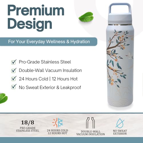 Farasi All-Purpose Insulated Water Bottle with Stainless Steel Tea Infuser, Coffee, Fruit Infusion, Loose Leaf Tea Infuser Bottle - Wide Mouth, Leakproof Built In Handle White Floral 24 oz
