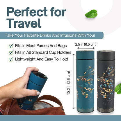 Farasi Tea Infuser for Loose Leaf Tea Smart Water Bottle with Fahrenheit Temperature Display, Stainless Steel, Insulated Coffee and Fruit Tea Infuser Bottle - Green Floral Tea Thermos 15 oz