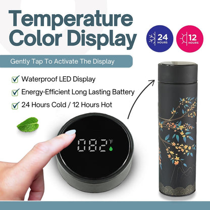 Farasi Tea Infuser for Loose Leaf Tea Smart Water Bottle with Fahrenheit Temperature Display, Stainless Steel, Insulated Coffee and Fruit Tea Infuser Bottle - Green Floral Tea Thermos 15 oz