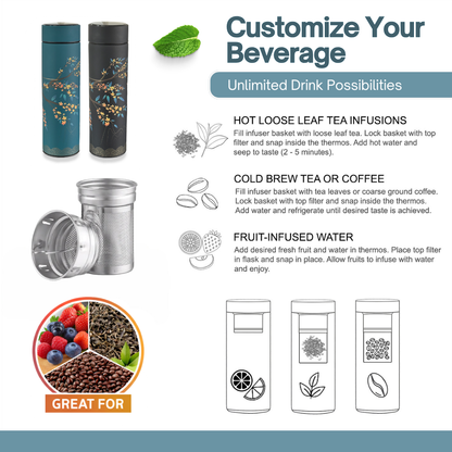 Farasi Tea Infuser for Loose Leaf Tea Smart Water Bottle with Fahrenheit Temperature Display, Stainless Steel, Insulated Coffee and Fruit Tea Infuser Bottle - Green Floral Tea Thermos 15 oz