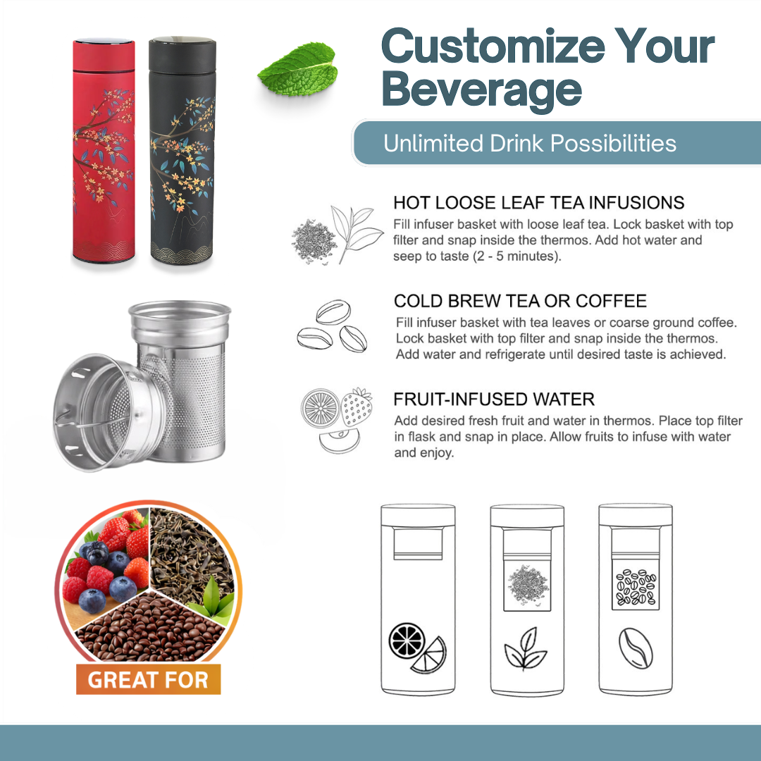 Farasi Tea Infuser for Loose Leaf Tea Smart Water Bottle with Fahrenheit Temperature Display, Stainless Steel, Insulated Coffee and Fruit Tea Infuser Bottle - Green Floral Tea Thermos 15 oz