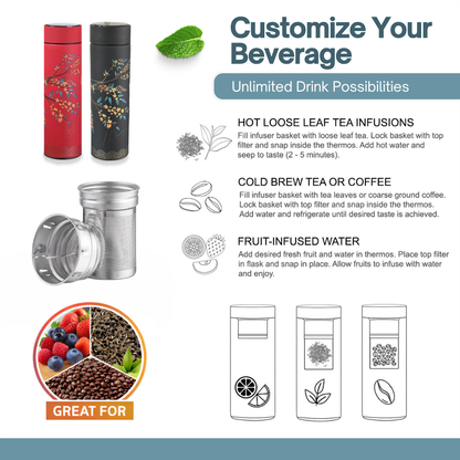Farasi Tea Infuser for Loose Leaf Tea Smart Water Bottle with Fahrenheit Temperature Display, Stainless Steel, Insulated Coffee and Fruit Tea Infuser Bottle - Green Floral Tea Thermos 15 oz