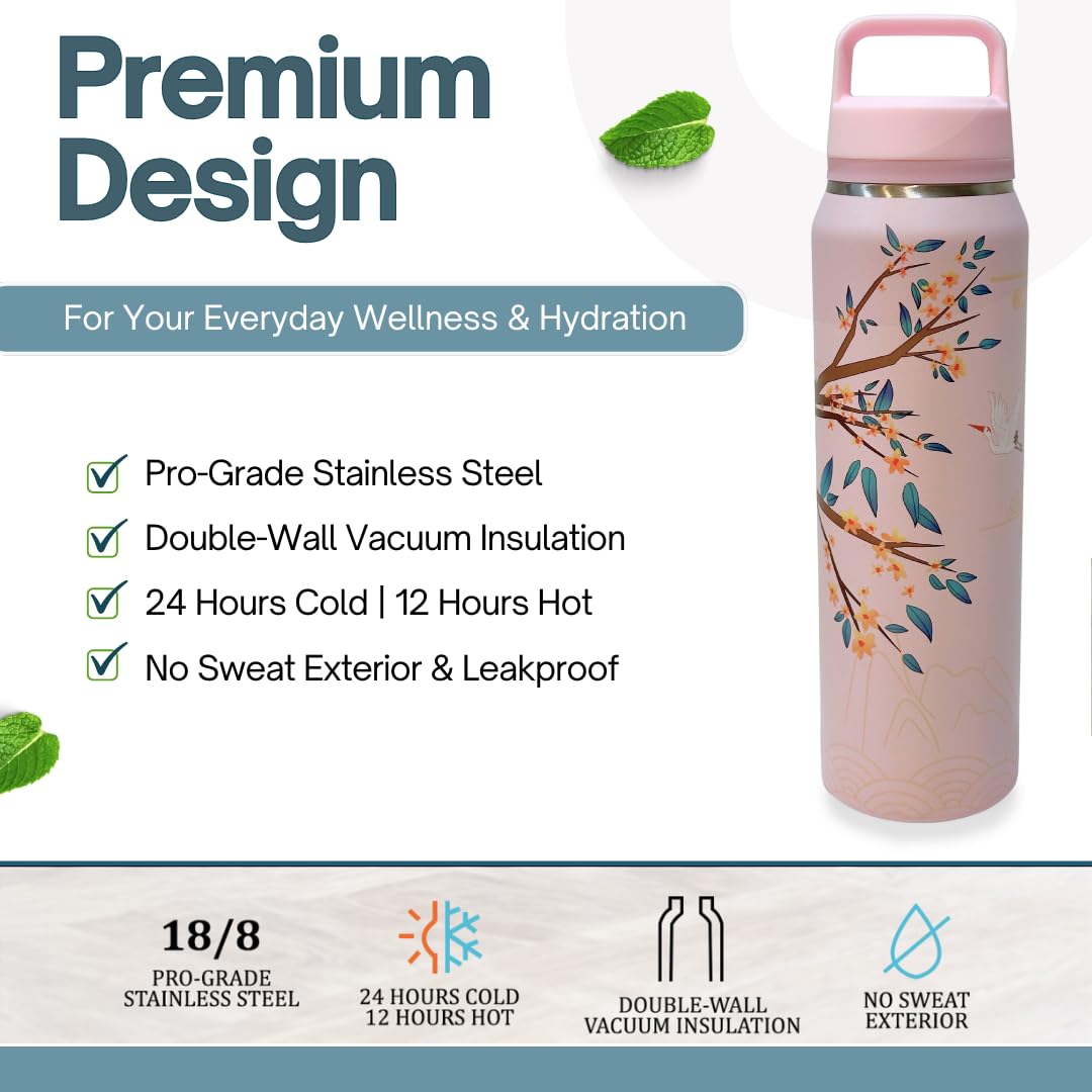 Farasi All-Purpose Insulated Water Bottle with Stainless Steel Tea Infuser, Coffee, Fruit Infusion, Loose Leaf Tea Infuser Bottle - Wide Mouth, Leakproof Built In Handle White Floral 24 oz