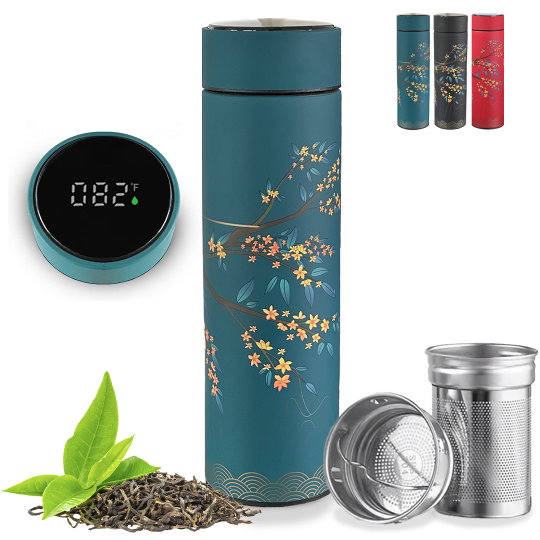 Farasi Tea Infuser for Loose Leaf Tea Smart Water Bottle with Fahrenheit Temperature Display, Stainless Steel, Insulated Coffee and Fruit Tea Infuser Bottle - Green Floral Tea Thermos 15 oz