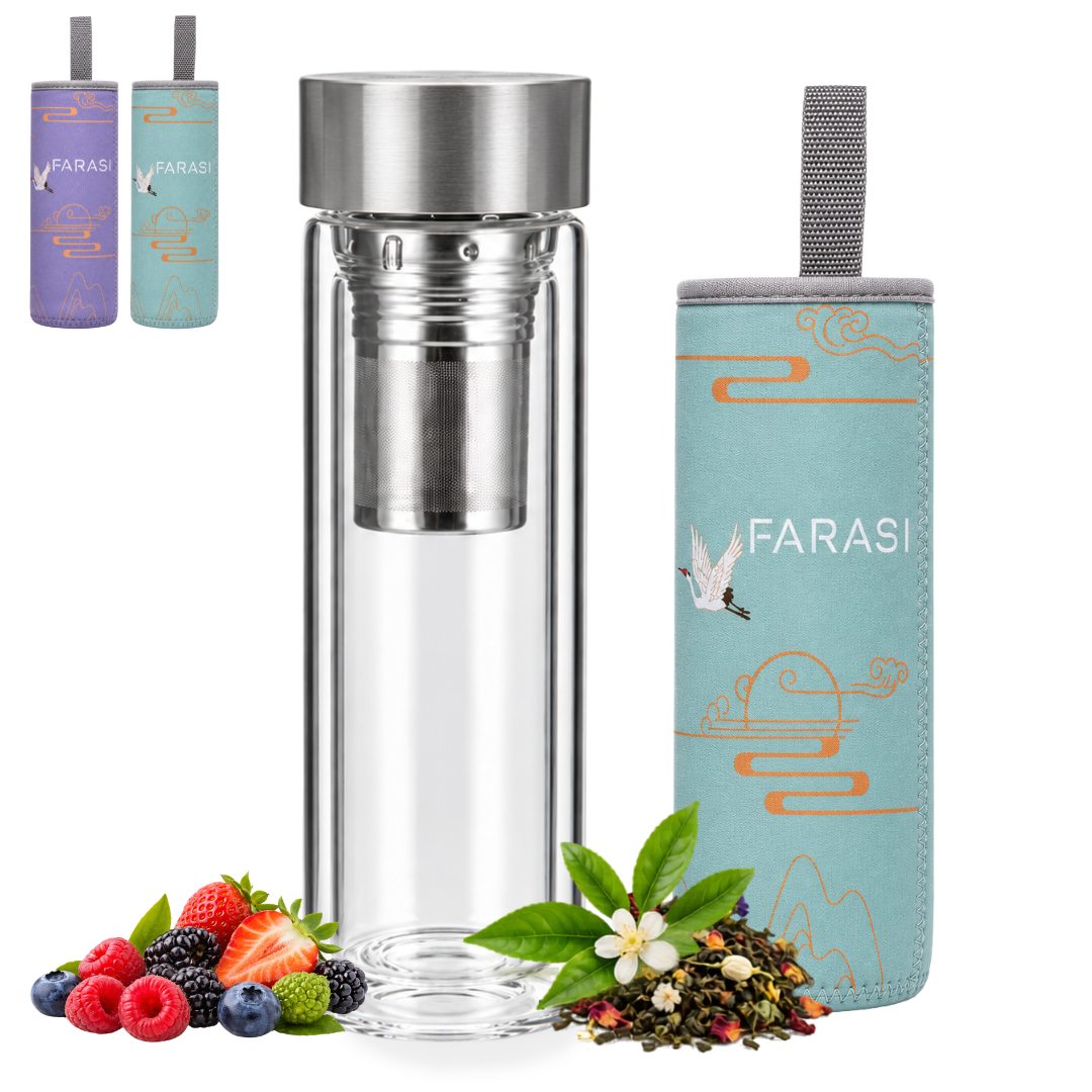 Farasi Glass Tea Infuser Bottle Tumbler 15oz with Infuser and Sleeve