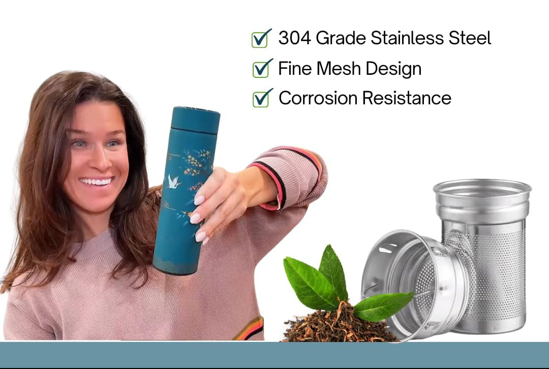 Farasi Tea Infuser for Loose Leaf Tea Smart Water Bottle with Fahrenheit Temperature Display, Stainless Steel, Insulated Coffee and Fruit Tea Infuser Bottle - Green Floral Tea Thermos 15 oz