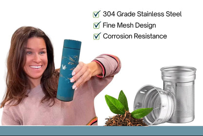 Farasi Tea Infuser for Loose Leaf Tea Smart Water Bottle with Fahrenheit Temperature Display, Stainless Steel, Insulated Coffee and Fruit Tea Infuser Bottle - Green Floral Tea Thermos 15 oz