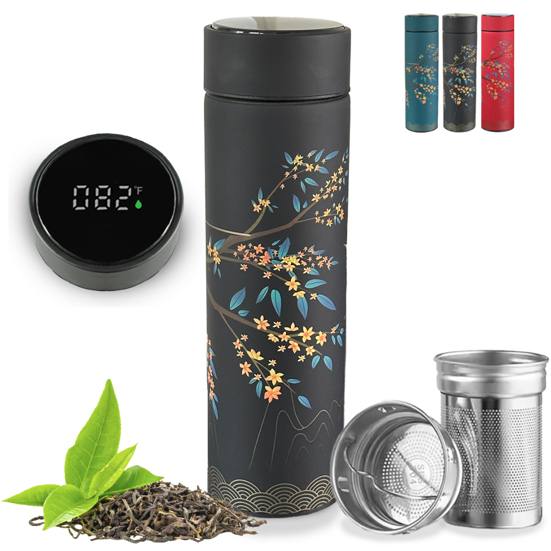 Farasi Tea Infuser for Loose Leaf Tea Smart Water Bottle with Fahrenheit Temperature Display, Stainless Steel, Insulated Coffee and Fruit Tea Infuser Bottle - Green Floral Tea Thermos 15 oz