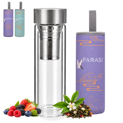 Farasi Glass Tea Infuser Bottle Tumbler 15oz with Infuser and Sleeve