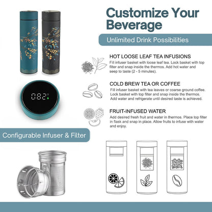 Farasi Tea Infuser for Loose Leaf Tea Smart Water Bottle with Fahrenheit Temperature Display, Stainless Steel, Insulated Coffee and Fruit Tea Infuser Bottle - Green Floral Tea Thermos 15 oz