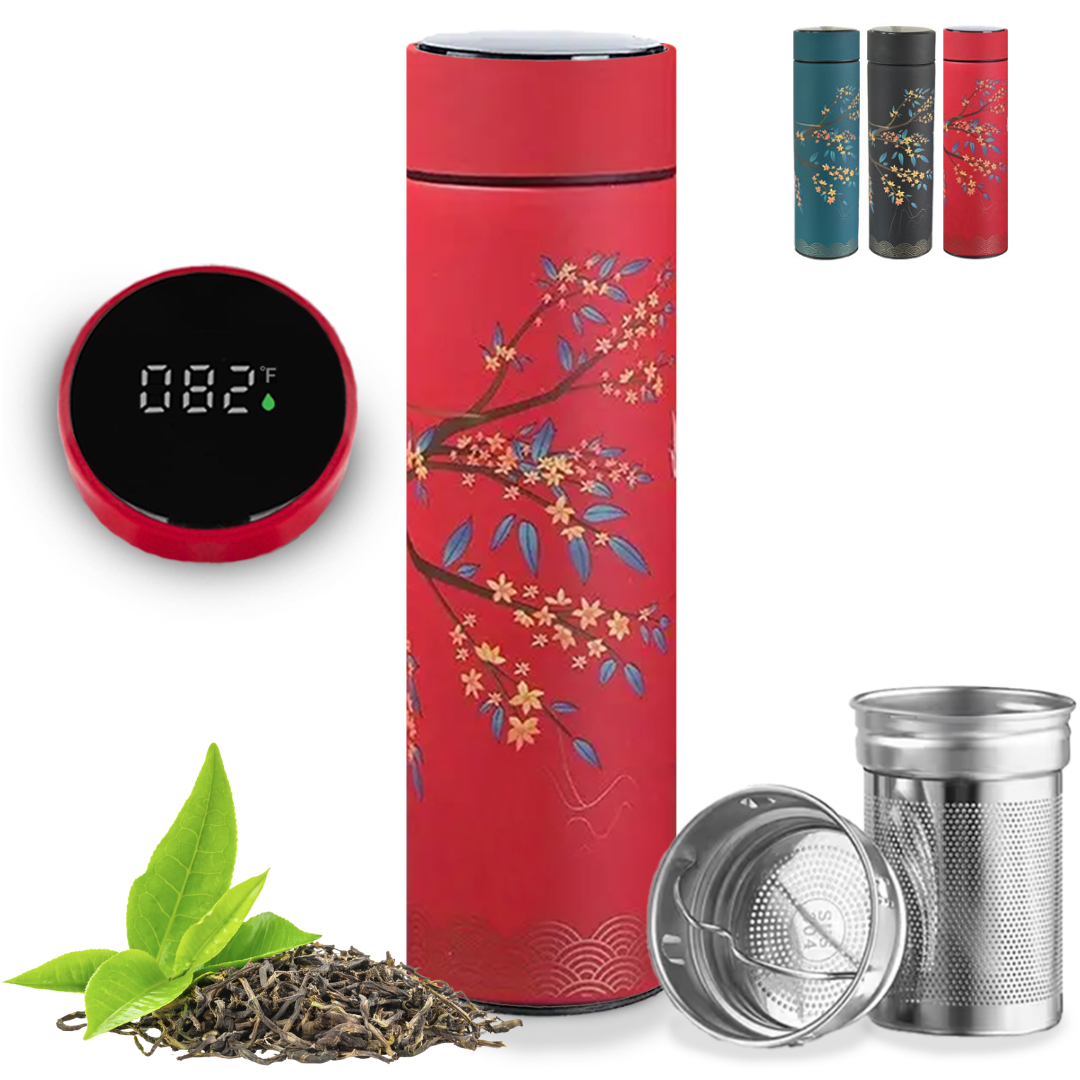 Farasi Tea Infuser for Loose Leaf Tea Smart Water Bottle with Fahrenheit Temperature Display, Stainless Steel, Insulated Coffee and Fruit Tea Infuser Bottle - Green Floral Tea Thermos 15 oz