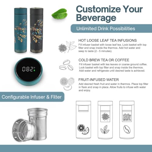 Farasi Set of Two Tea Thermos with Infuser for Hot and Cold Infusions for Loose Leaf Tea Smart Water Bottle with Fahrenheit Temperature Display, Stainless Steel, Insulated Infuser Bottle - 15 oz