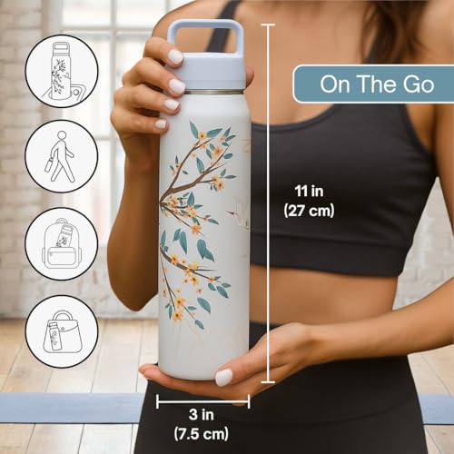 Farasi All-Purpose Insulated Water Bottle with Stainless Steel Tea Infuser, Coffee, Fruit Infusion, Loose Leaf Tea Infuser Bottle - Wide Mouth, Leakproof Built In Handle White Floral 24 oz
