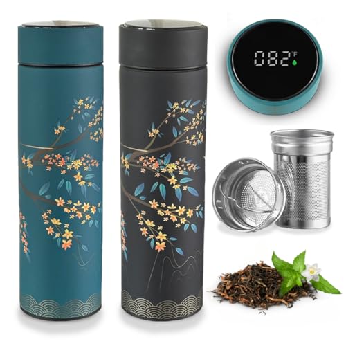 Farasi Set of Two Tea Thermos with Infuser for Hot and Cold Infusions for Loose Leaf Tea Smart Water Bottle with Fahrenheit Temperature Display, Stainless Steel, Insulated Infuser Bottle - 15 oz