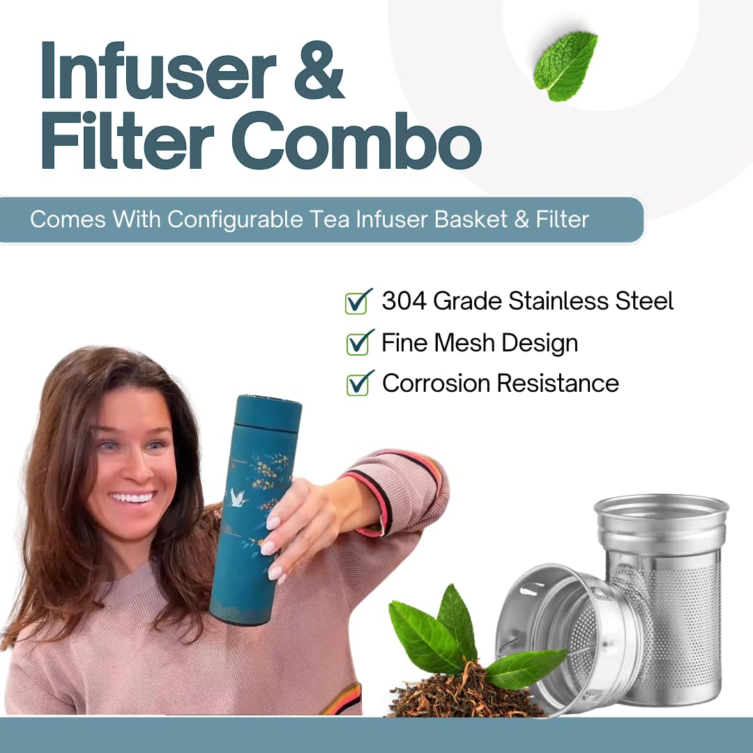 Farasi Tea Infuser for Loose Leaf Tea Smart Water Bottle with Fahrenheit Temperature Display, Stainless Steel, Insulated Coffee and Fruit Tea Infuser Bottle - Green Floral Tea Thermos 15 oz