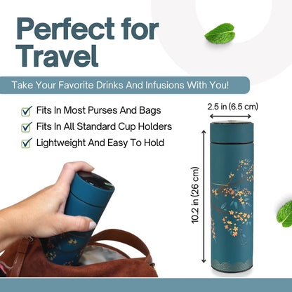 Farasi Tea Infuser for Loose Leaf Tea Smart Water Bottle with Fahrenheit Temperature Display, Stainless Steel, Insulated Coffee and Fruit Tea Infuser Bottle - Green Floral Tea Thermos 15 oz