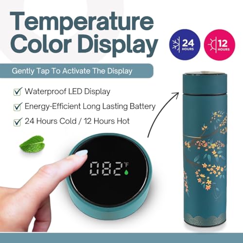 Farasi Set of Two Tea Thermos with Infuser for Hot and Cold Infusions for Loose Leaf Tea Smart Water Bottle with Fahrenheit Temperature Display, Stainless Steel, Insulated Infuser Bottle - 15 oz