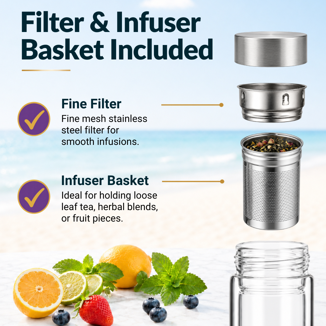 Farasi Glass Tea Infuser Bottle Tumbler 15oz with Infuser and Sleeve