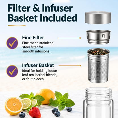 Farasi Glass Tea Infuser Bottle Tumbler 15oz with Infuser and Sleeve