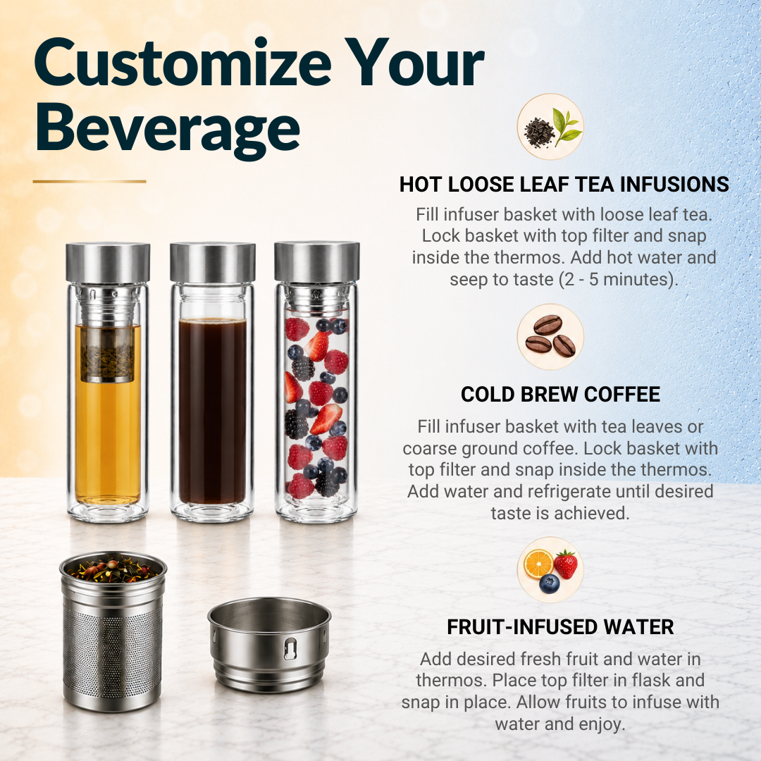 Farasi Glass Tea Infuser Bottle Tumbler 15oz with Infuser and Sleeve