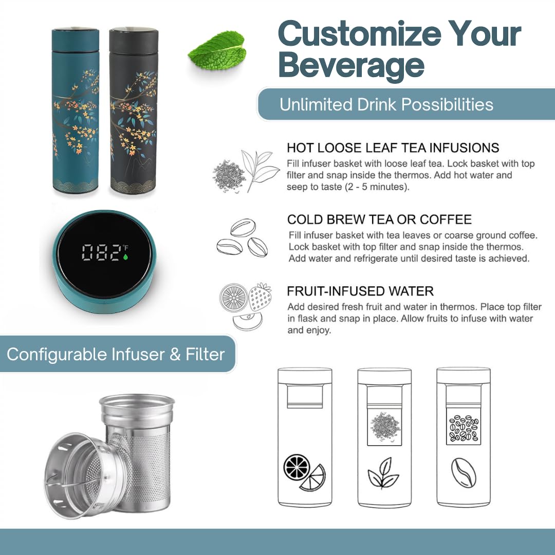 Farasi Tea Infuser for Loose Leaf Tea Smart Water Bottle with Fahrenheit Temperature Display, Stainless Steel, Insulated Coffee and Fruit Tea Infuser Bottle - Green Floral Tea Thermos 15 oz