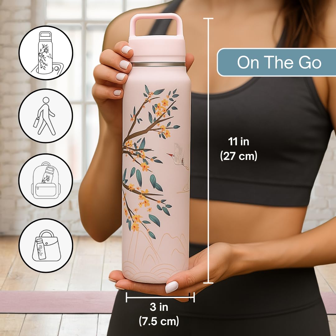 Farasi All-Purpose Insulated Water Bottle with Stainless Steel Tea Infuser, Coffee, Fruit Infusion, Loose Leaf Tea Infuser Bottle - Wide Mouth, Leakproof Built In Handle White Floral 24 oz