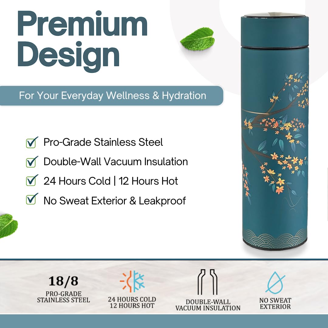 Farasi Tea Infuser for Loose Leaf Tea Smart Water Bottle with Fahrenheit Temperature Display, Stainless Steel, Insulated Coffee and Fruit Tea Infuser Bottle - Green Floral Tea Thermos 15 oz