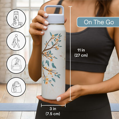 Farasi All-Purpose Insulated Water Bottle with Stainless Steel Tea Infuser, Coffee, Fruit Infusion, Loose Leaf Tea Infuser Bottle - Wide Mouth, Leakproof Built In Handle White Floral 24 oz