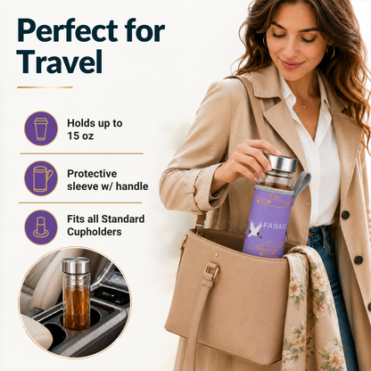 Farasi Glass Tea Infuser Bottle Tumbler 15oz with Infuser and Sleeve