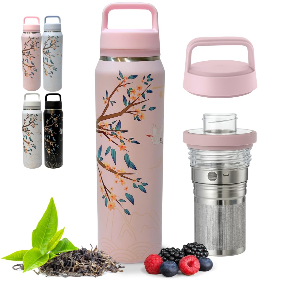 Farasi All-Purpose Insulated Water Bottle with Stainless Steel Tea Infuser, Coffee, Fruit Infusion, Loose Leaf Tea Infuser Bottle - Wide Mouth, Leakproof Built In Handle White Floral 24 oz