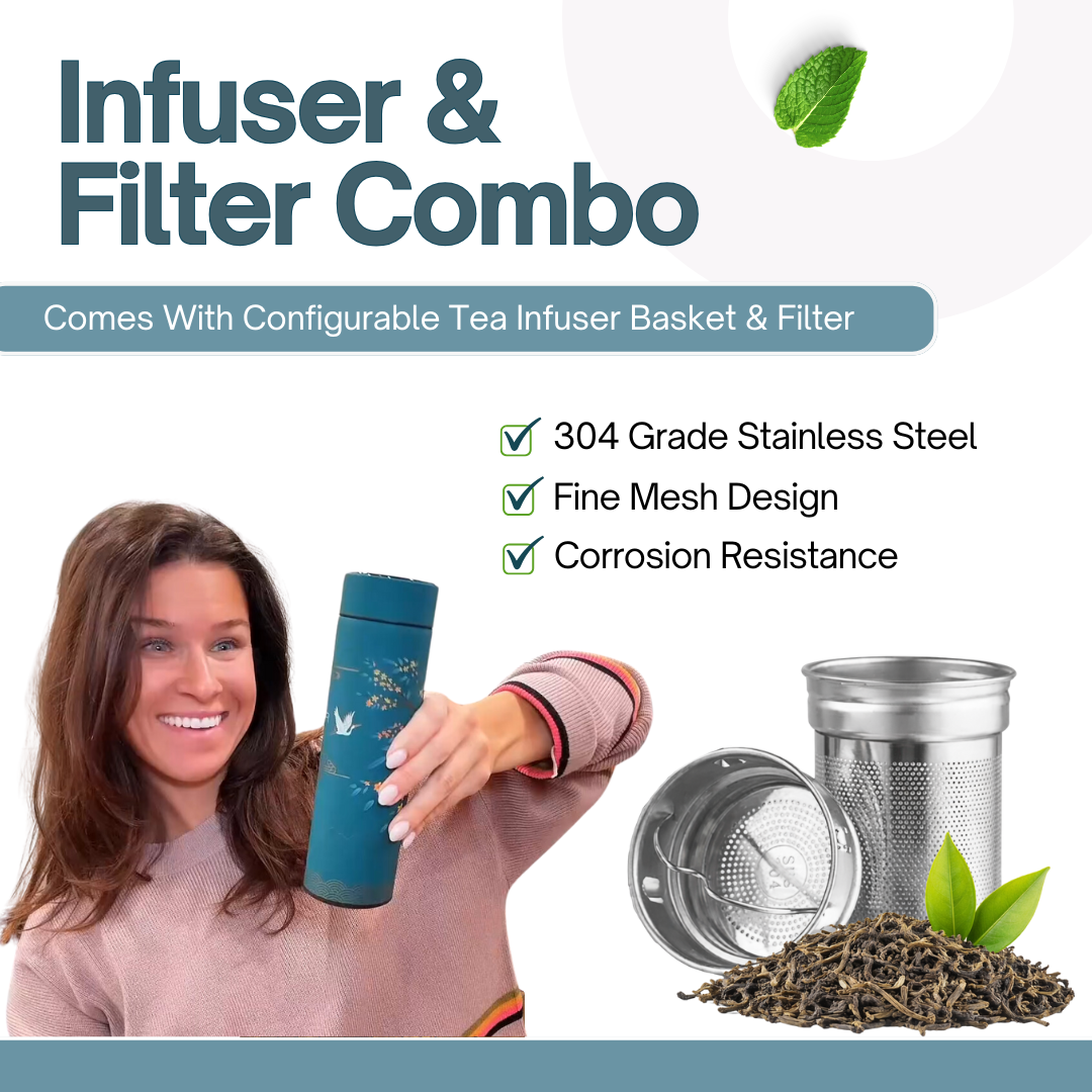Farasi Tea Infuser for Loose Leaf Tea Smart Water Bottle with Fahrenheit Temperature Display, Stainless Steel, Insulated Coffee and Fruit Tea Infuser Bottle - Green Floral Tea Thermos 15 oz