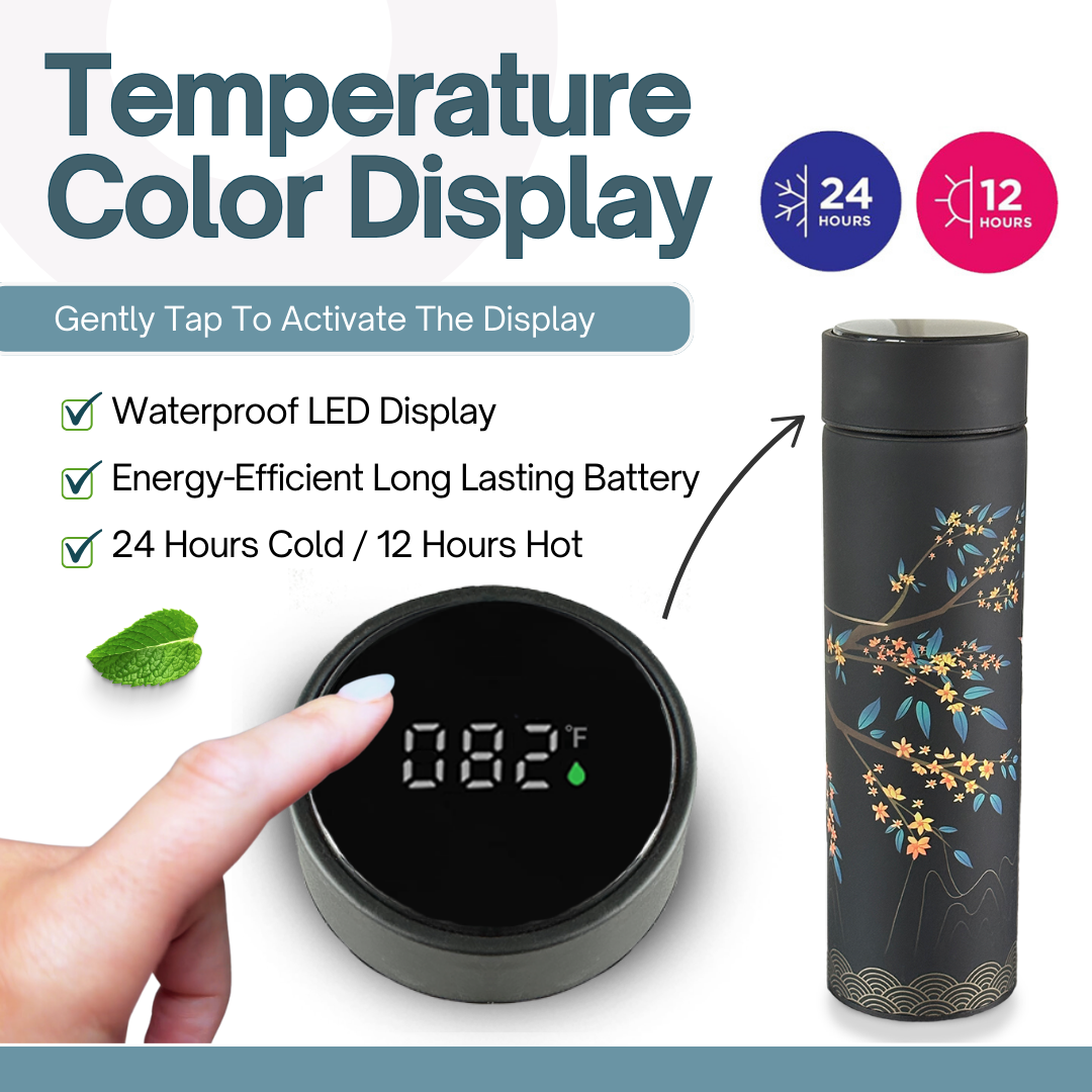 Farasi Tea Infuser for Loose Leaf Tea Smart Water Bottle with Fahrenheit Temperature Display, Stainless Steel, Insulated Coffee and Fruit Tea Infuser Bottle - Green Floral Tea Thermos 15 oz