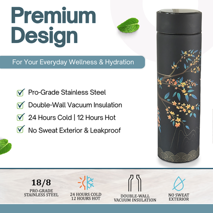 Farasi Tea Infuser for Loose Leaf Tea Smart Water Bottle with Fahrenheit Temperature Display, Stainless Steel, Insulated Coffee and Fruit Tea Infuser Bottle - Green Floral Tea Thermos 15 oz