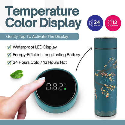 Farasi Tea Infuser for Loose Leaf Tea Smart Water Bottle with Fahrenheit Temperature Display, Stainless Steel, Insulated Coffee and Fruit Tea Infuser Bottle - Green Floral Tea Thermos 15 oz