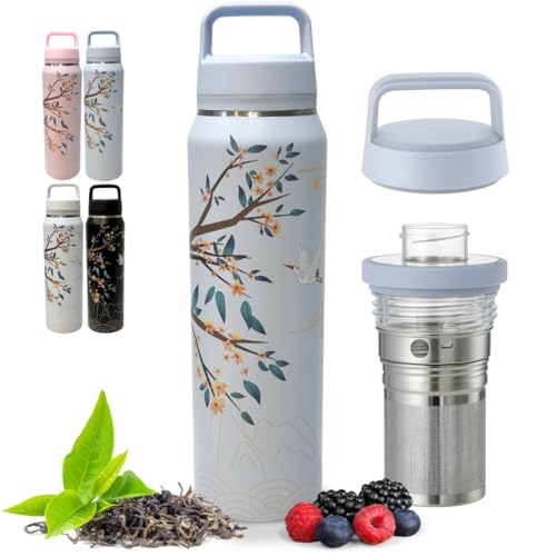 Farasi All-Purpose Insulated Water Bottle with Stainless Steel Tea Infuser, Coffee, Fruit Infusion, Loose Leaf Tea Infuser Bottle - Wide Mouth, Leakproof Built In Handle White Floral 24 oz