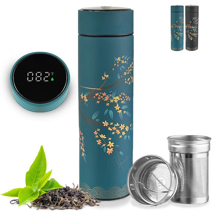 Farasi Tea Infuser for Loose Leaf Tea Smart Water Bottle with Fahrenheit Temperature Display, Stainless Steel, Insulated Coffee and Fruit Tea Infuser Bottle - Green Floral Tea Thermos 15 oz