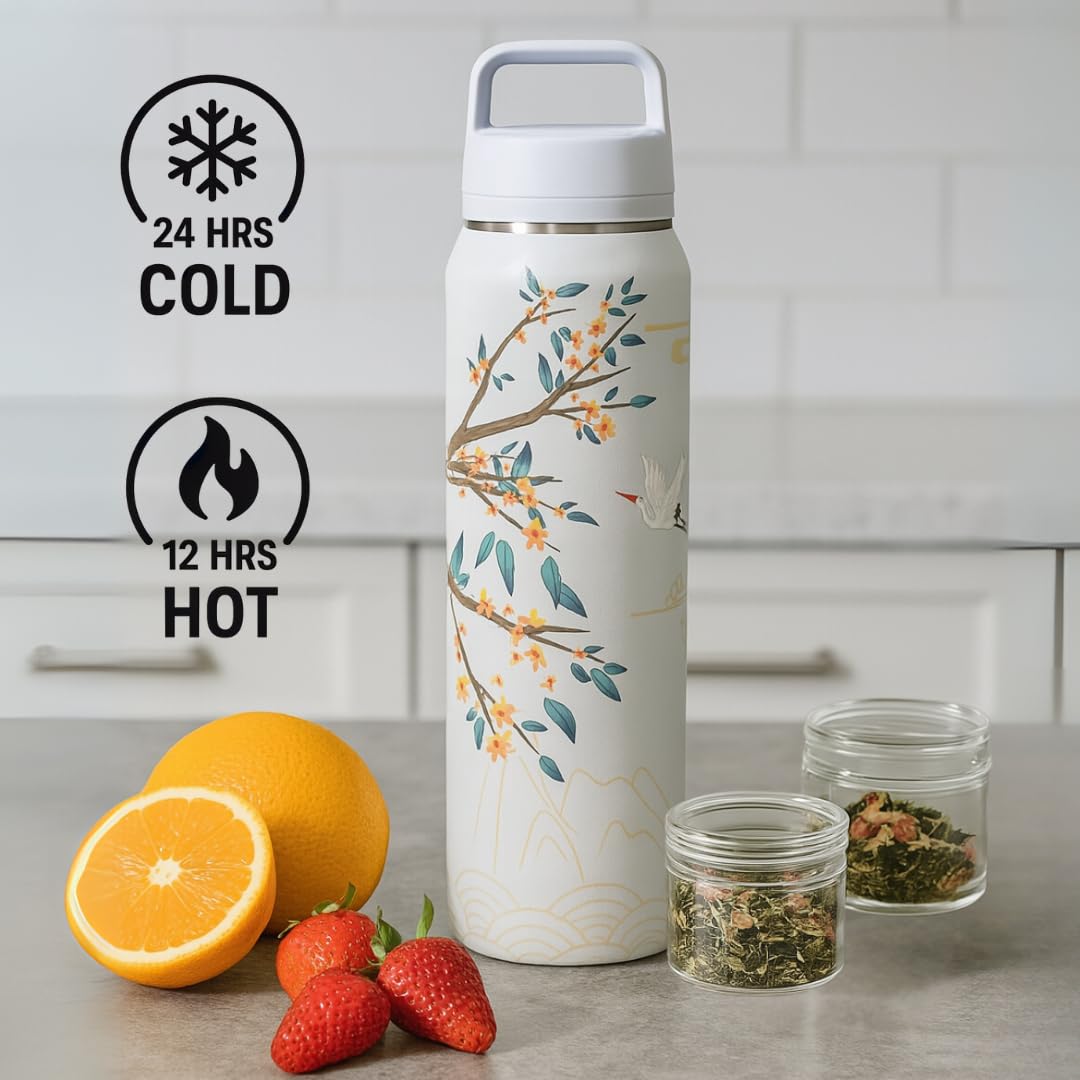Farasi All-Purpose Insulated Water Bottle with Stainless Steel Tea Infuser, Coffee, Fruit Infusion, Loose Leaf Tea Infuser Bottle - Wide Mouth, Leakproof Built In Handle White Floral 24 oz