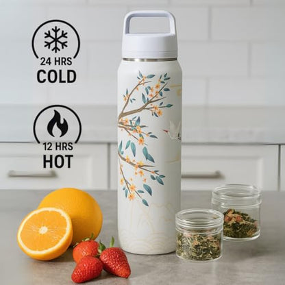 Farasi All-Purpose Insulated Water Bottle with Stainless Steel Tea Infuser, Coffee, Fruit Infusion, Loose Leaf Tea Infuser Bottle - Wide Mouth, Leakproof Built In Handle White Floral 24 oz