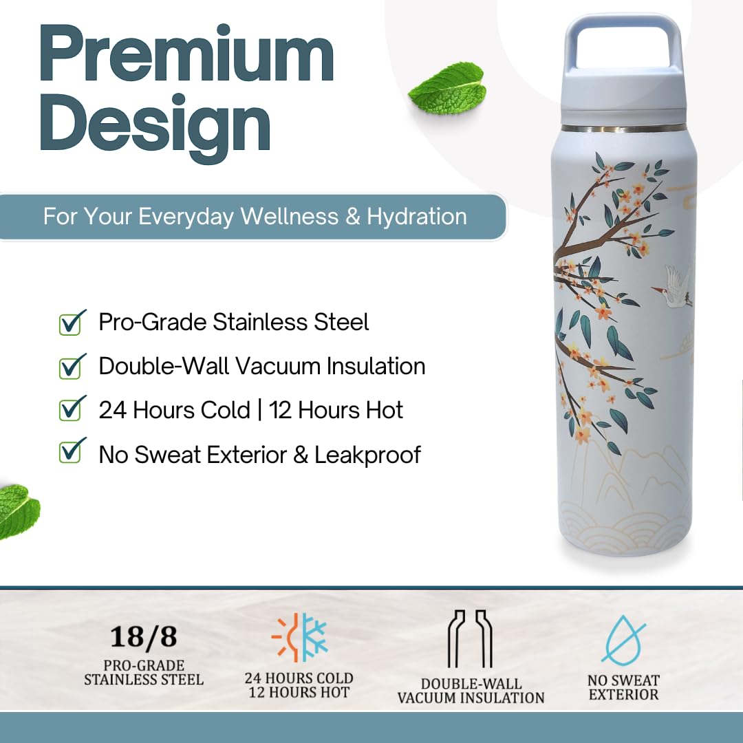 Farasi All-Purpose Insulated Water Bottle with Stainless Steel Tea Infuser, Coffee, Fruit Infusion, Loose Leaf Tea Infuser Bottle - Wide Mouth, Leakproof Built In Handle White Floral 24 oz
