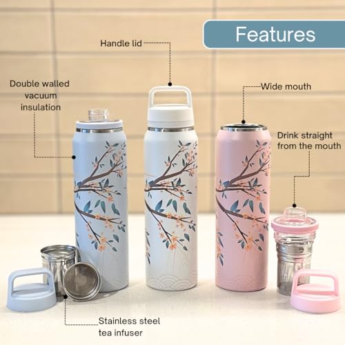 Farasi All-Purpose Insulated Water Bottle with Stainless Steel Tea Infuser, Coffee, Fruit Infusion, Loose Leaf Tea Infuser Bottle - Wide Mouth, Leakproof Built In Handle White Floral 24 oz