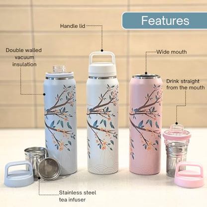 Farasi All-Purpose Insulated Water Bottle with Stainless Steel Tea Infuser, Coffee, Fruit Infusion, Loose Leaf Tea Infuser Bottle - Wide Mouth, Leakproof Built In Handle White Floral 24 oz