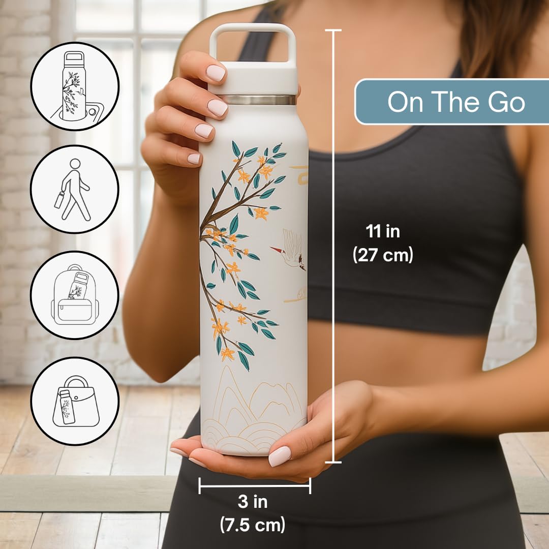 Farasi All-Purpose Insulated Water Bottle with Stainless Steel Tea Infuser, Coffee, Fruit Infusion, Loose Leaf Tea Infuser Bottle - Wide Mouth, Leakproof Built In Handle White Floral 24 oz