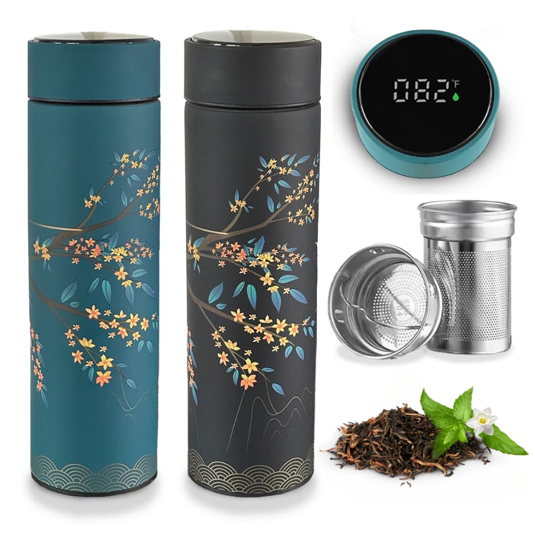 Farasi Set of Two Tea Infuser Bottle for Hot and Cold Infusions for Loose Leaf Tea Smart Water Bottle with Fahrenheit Temperature Display, Stainless Steel, Insulated Infuser Bottle - 15 oz