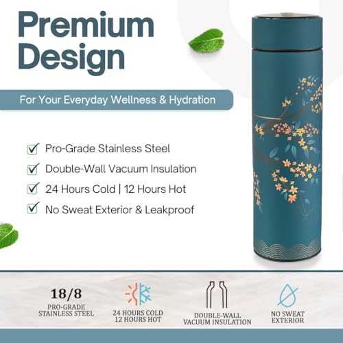 Farasi Set of Two Tea Thermos with Infuser for Hot and Cold Infusions for Loose Leaf Tea Smart Water Bottle with Fahrenheit Temperature Display, Stainless Steel, Insulated Infuser Bottle - 15 oz