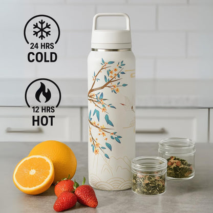 Farasi All-Purpose Insulated Water Bottle with Stainless Steel Tea Infuser, Coffee, Fruit Infusion, Loose Leaf Tea Infuser Bottle - Wide Mouth, Leakproof Built In Handle White Floral 24 oz