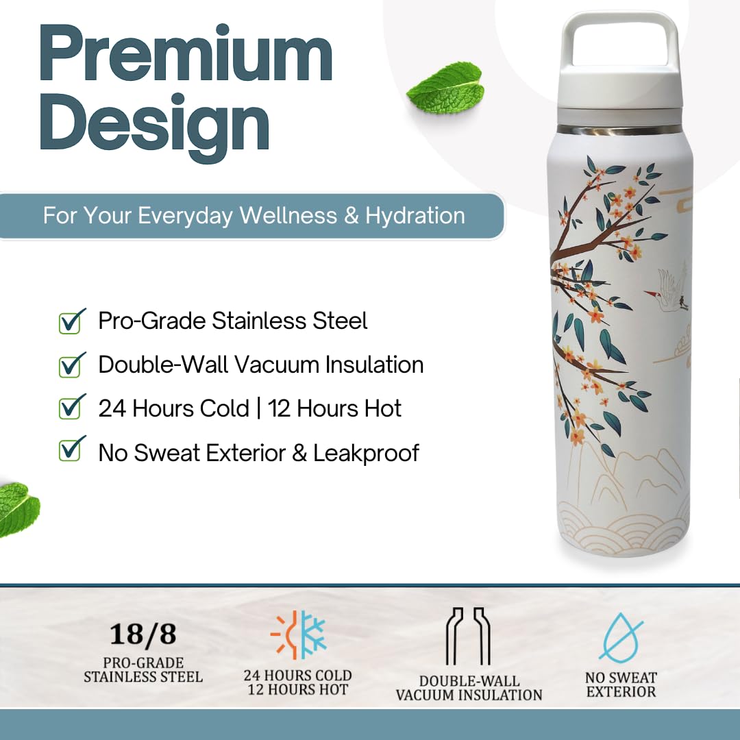 Farasi All-Purpose Insulated Water Bottle with Stainless Steel Tea Infuser, Coffee, Fruit Infusion, Loose Leaf Tea Infuser Bottle - Wide Mouth, Leakproof Built In Handle White Floral 24 oz