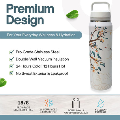 Farasi All-Purpose Insulated Water Bottle with Stainless Steel Tea Infuser, Coffee, Fruit Infusion, Loose Leaf Tea Infuser Bottle - Wide Mouth, Leakproof Built In Handle White Floral 24 oz