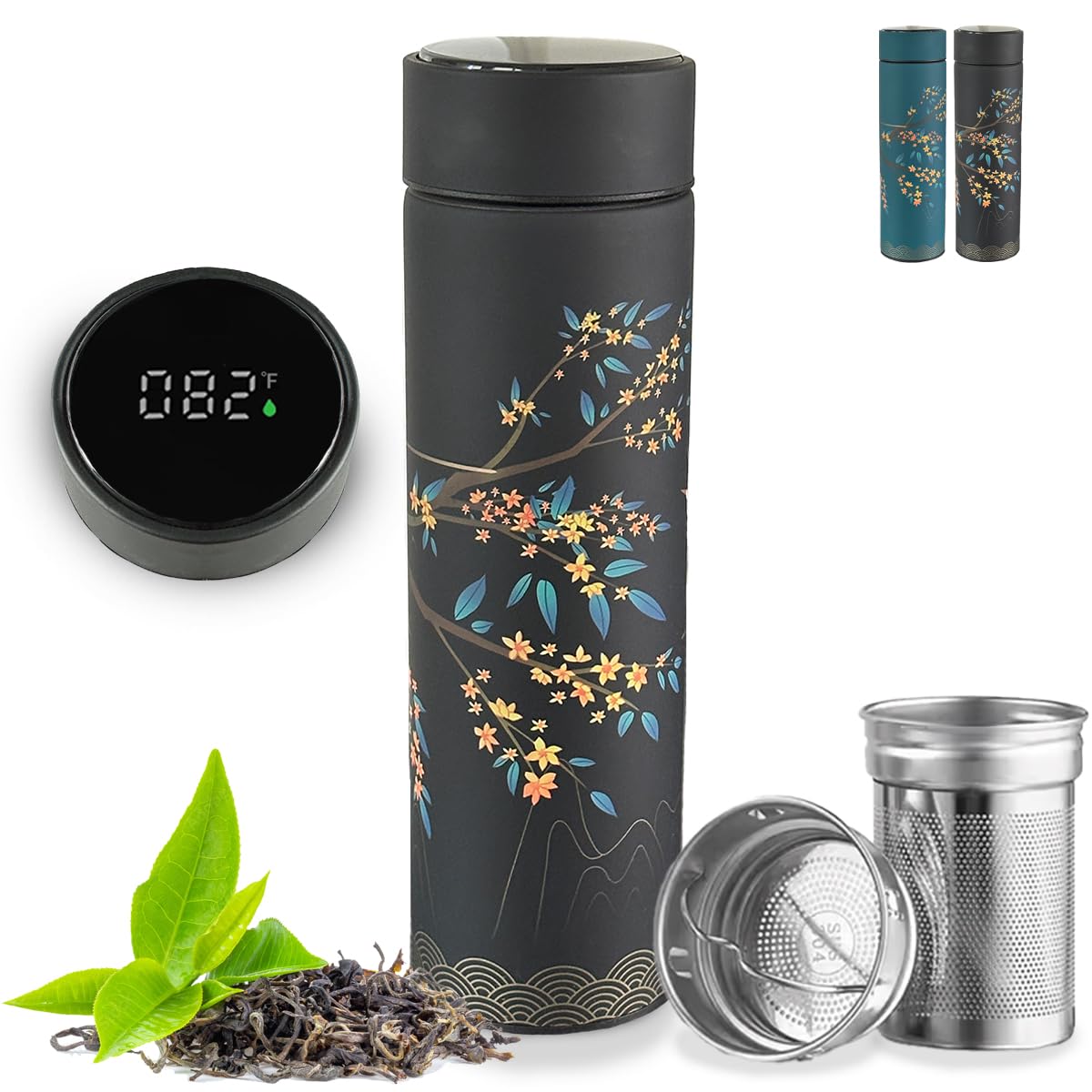 Farasi Tea Infuser for Loose Leaf Tea Smart Water Bottle with Fahrenheit Temperature Display, Stainless Steel, Insulated Coffee and Fruit Tea Infuser Bottle - Green Floral Tea Thermos 15 oz