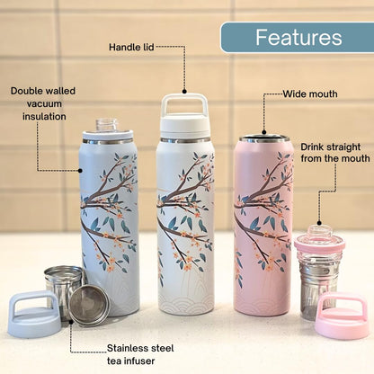 Farasi All-Purpose Insulated Water Bottle with Stainless Steel Tea Infuser, Coffee, Fruit Infusion, Loose Leaf Tea Infuser Bottle - Wide Mouth, Leakproof Built In Handle White Floral 24 oz